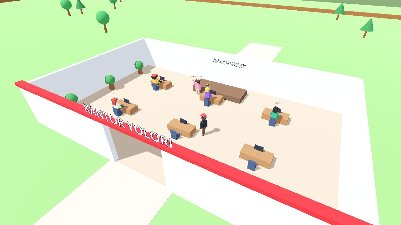 Kantor Yolori dilihat dari atas: avatar duduk di meja kerja dan berkumpul di ruang rapat.