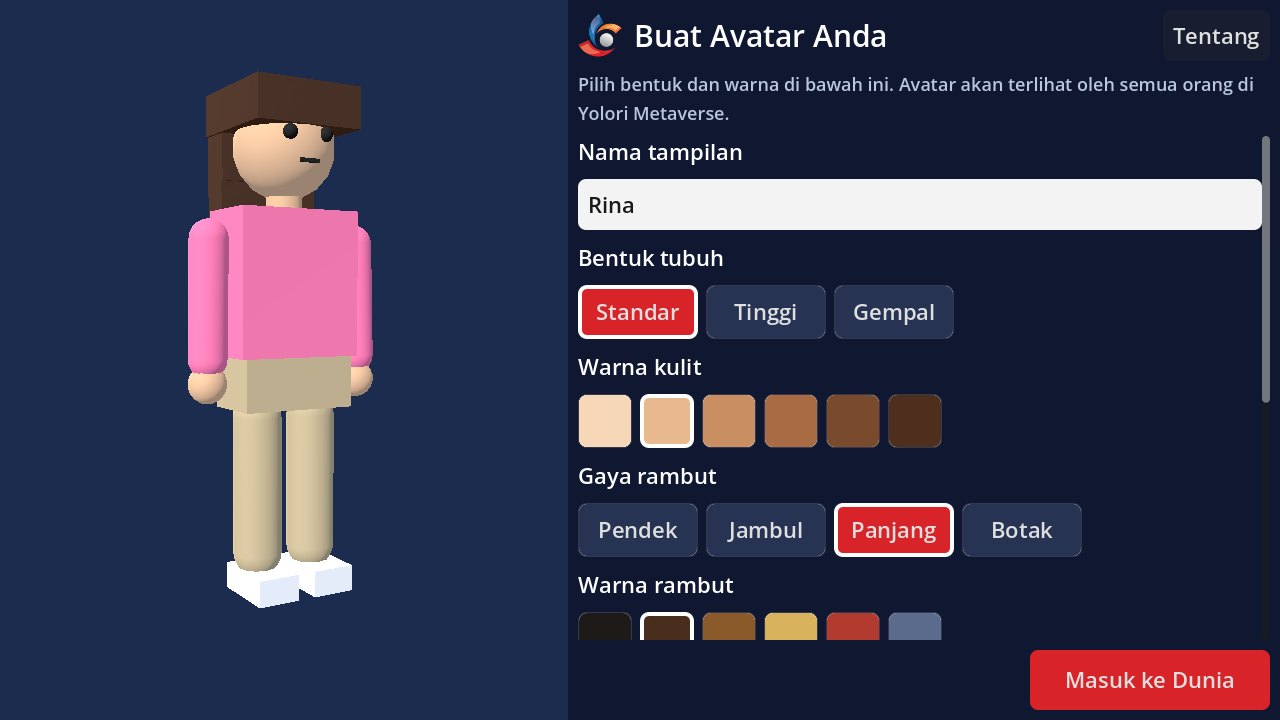 Layar pembuat avatar dengan pratinjau 3D dan pilihan bentuk tubuh, warna kulit, serta gaya rambut.
